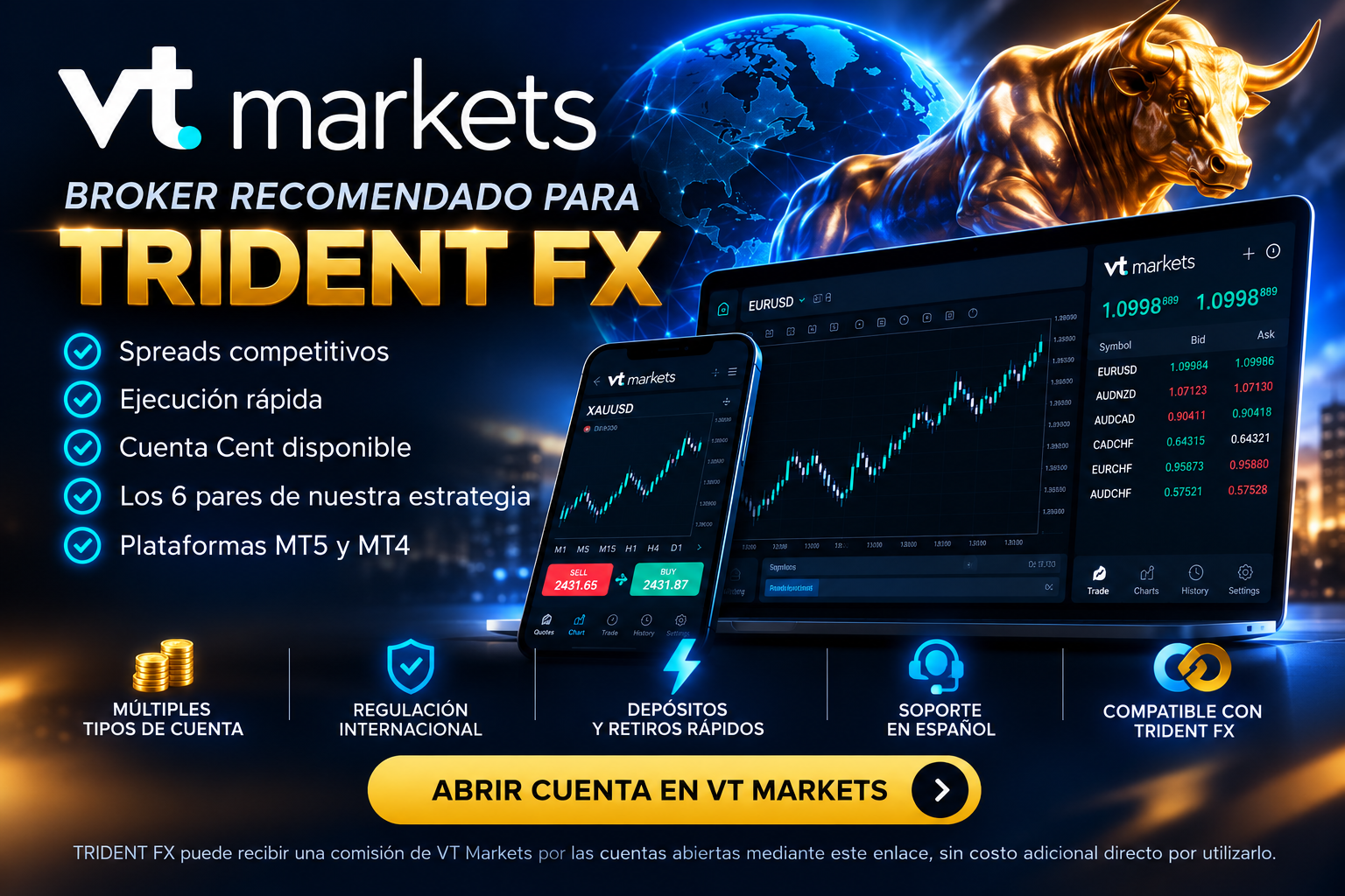 VT Markets, broker recomendado para TRIDENT FX. Spreads competitivos, cuenta Cent, MT5 y MT4, y soporte en español.